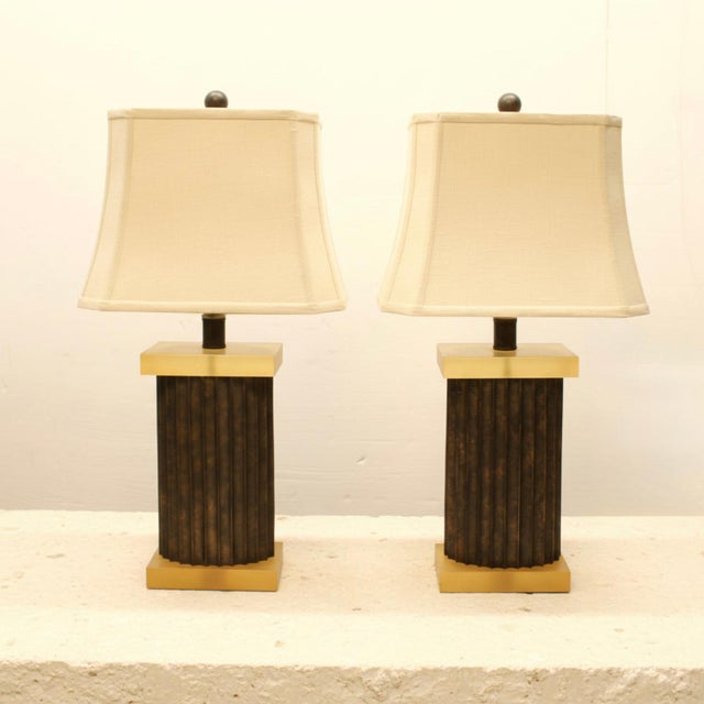 These 1980s modernist rectangular lamps are made of solid resin with thick translucent base and cap. Shades available in...