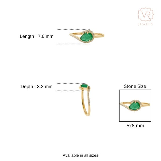 14k Gold Contemporary Pear-Shaped Emerald & Diamond Halo Bypass Ring Size 5.5 For Sale - Image 11 of 15