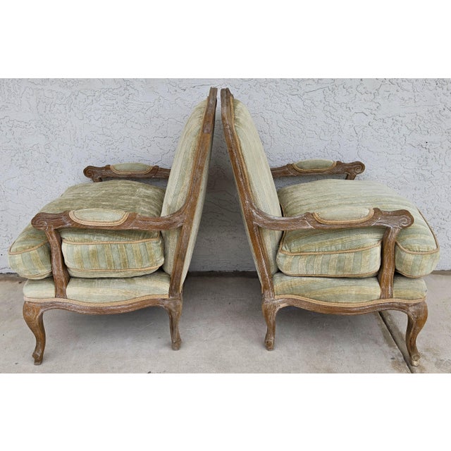 French Country Plush Velvet French Country Fauteuil Armchairs Pair For Sale - Image 3 of 15