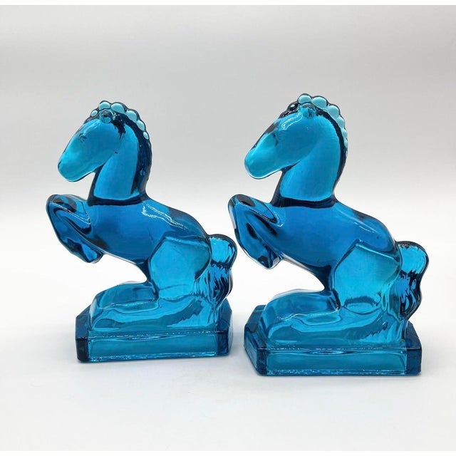 Pair of l.e. Smith Blue Glass Horse Bookends | Chairish