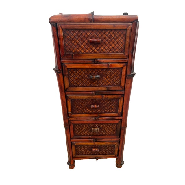 Gorgeous Vintage Nightstand Cabinet Chest Five Drawers Bamboo / Wicker Petite Size. 33" Tall x 13" wide x 12" deep. “Very...