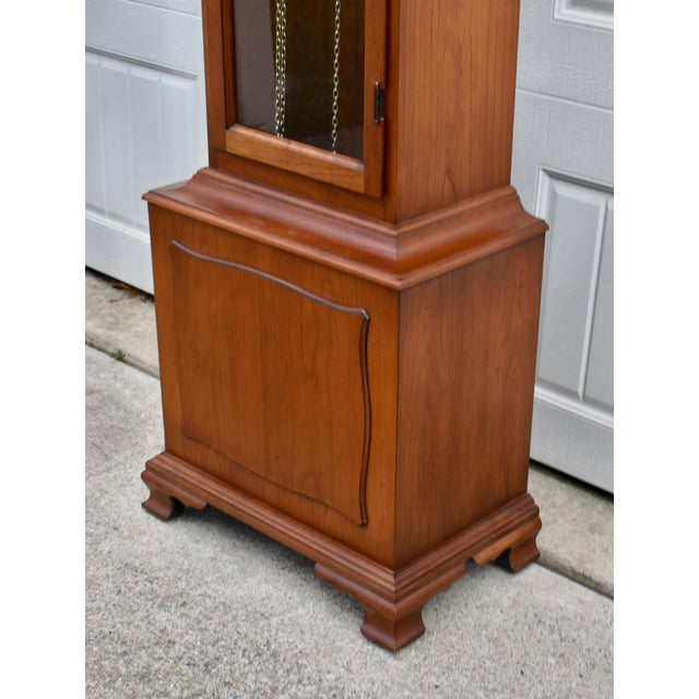 Colonial Cherry Grandfather Clock Vintage Moon Dial Triple Weights Chime For Sale - Image 16 of 18