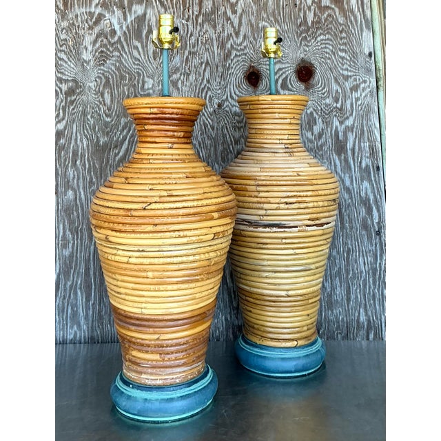 Vintage Costal Coiled Pencil Reed Lamps - A Pair For Sale In West Palm - Image 6 of 11
