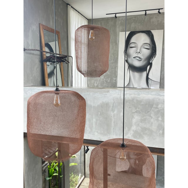 21st Century Handcrafted Knitted Barrel Lamp in Copper Color, D40cm For Sale - Image 4 of 12