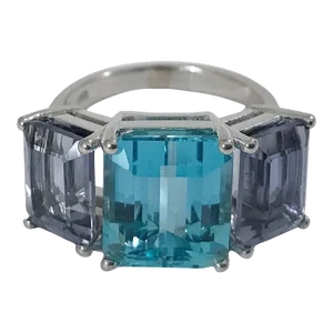 Christina Addison 18kt White Gold Three Stone Emerald Cut Ring With Blue Topaz and Iolite
