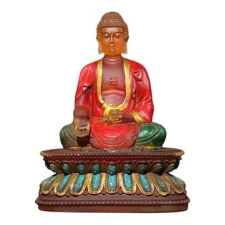 Vintage Colored Glaze Seated Shakyamuni Buddha Statue on Lotus Base For Sale
