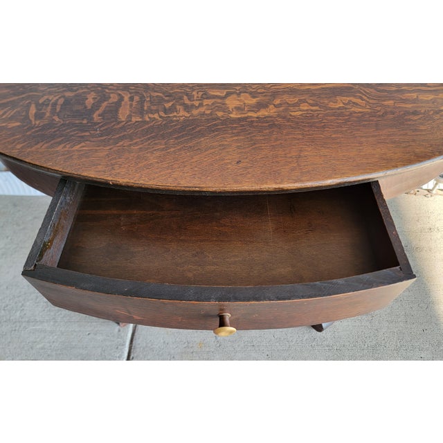 Antique Oval Library Table Tiger Oak With Column Base Circa. 1890 For Sale - Image 11 of 13