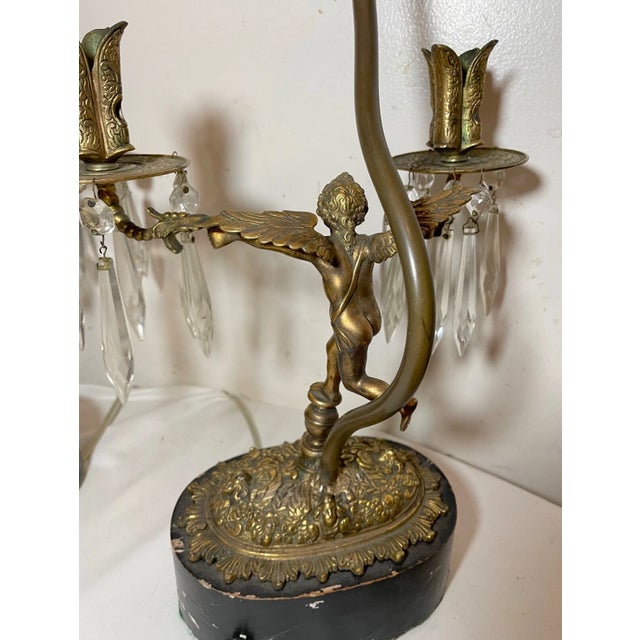 2 Antique Ornate Victorian Style Figural Bronze Wood Angel Cherub Table Lamps For Sale - Image 10 of 12