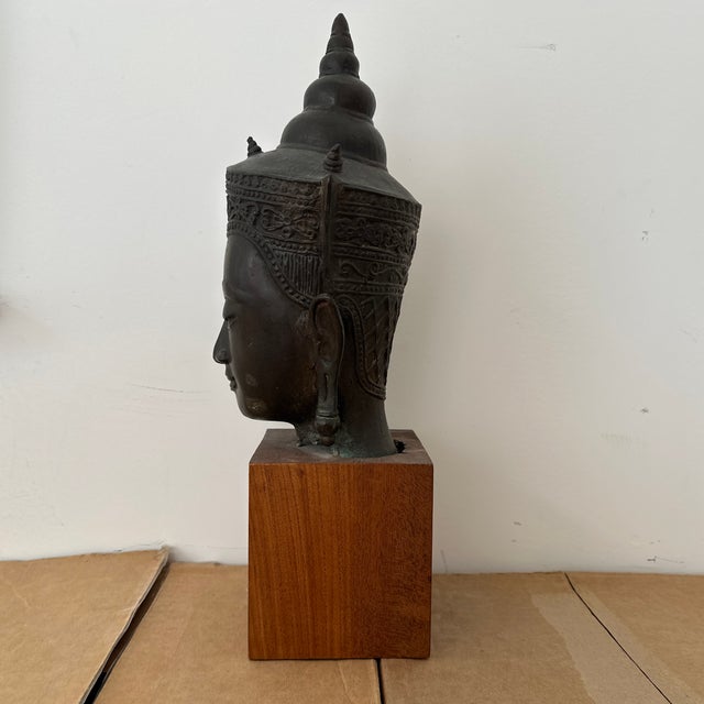 Vintage Bronze Crowned Buddha Head in Thai Ayutthaya Style. Wood Base Sculpture For Sale - Image 10 of 11