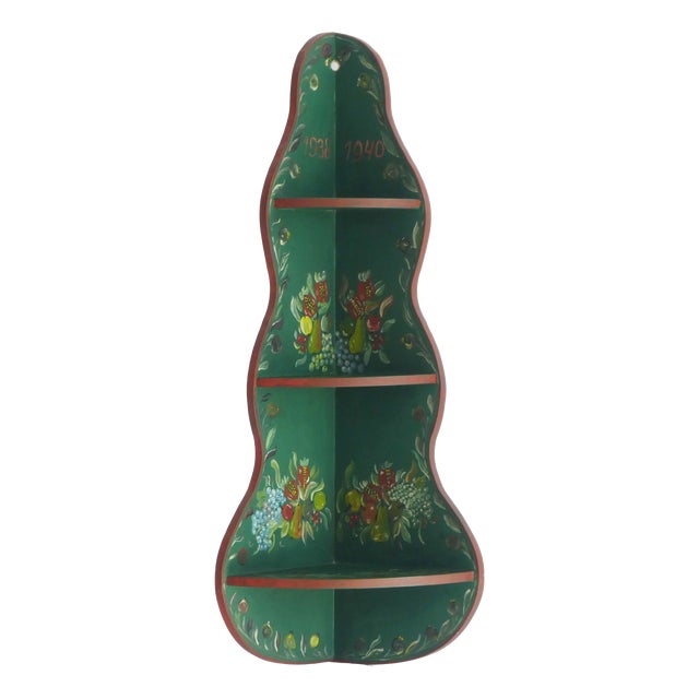Hand Painted Green Floral Corner Wall Cabinet, 1960s For Sale