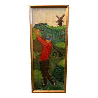 Framed Swedish Golfer With Windmill Painting For Sale