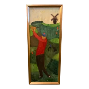 Framed Swedish Golfer With Windmill Painting
