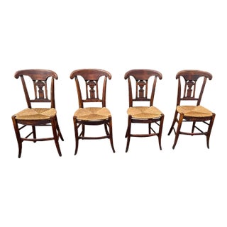 19th Century Antique French Country Style Set of 4 Carved Back Rush Seat Side Chairs For Sale