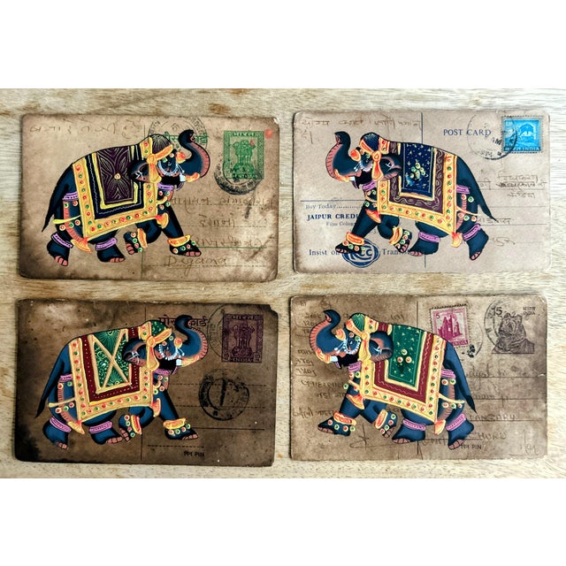Vintage Indian Elephant Hand Painted Rajasthani Stamp Paper Postcard, Set of four. Acquired at an auction in Texas in...