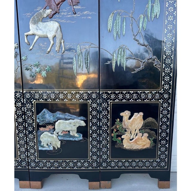 Wood Rare Large 6 Panel Chinese Wild Horses Abalone & Hardstone Inlaid Folding Screen Rare For Sale - Image 7 of 18