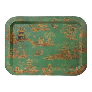 1970s Vintage Chinoiserie Green Tray For Sale