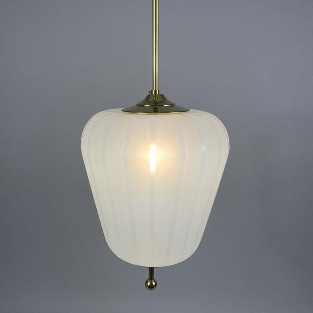 White Satin Striped Glass and Brass Pendants, Sweden, 1950s, Set of 2 For Sale - Image 8 of 17
