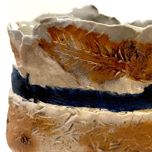 Tan 1970's Brutalist Art Pottery Striped Slab Oval Vase For Sale - Image 8 of 9