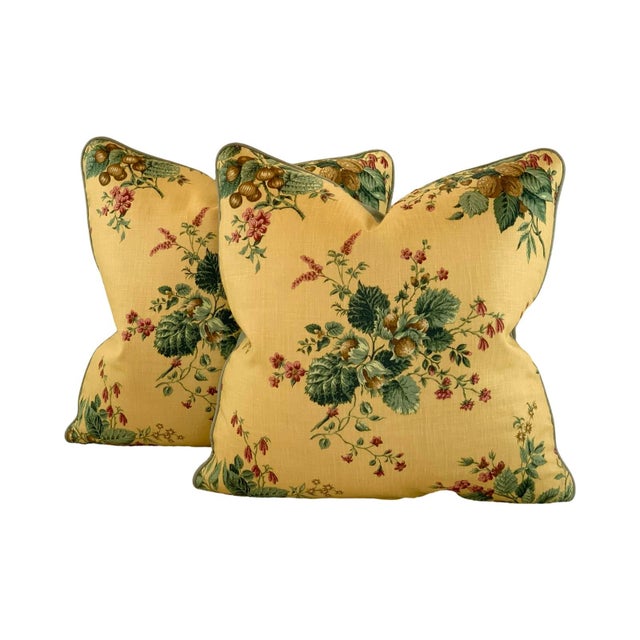 Designer Schumacher French General "Woodland Foliage" Green Gold Raspberry-Red Botanical Floral Pillow Covers- Pair For Sale In Jacksonville, FL - Image 6 of 7