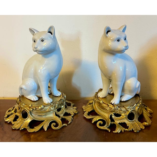 19th Century Antique 19th Century Japanese Blanc De Chine Models of Seated Cats Mounted on French Gilt Bronze Ormolu Bases - A Pair For Sale - Image 5 of 12