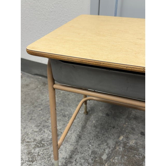 Lift-Top Metal + Wood School Desk, Mid 20th Century For Sale - Image 10 of 12