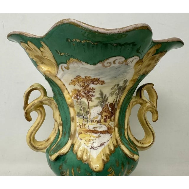 Late 19th Century Antique Pair English Porcelain Green Samuel Alcock Vases Urns Still Life Flowers For Sale - Image 5 of 12