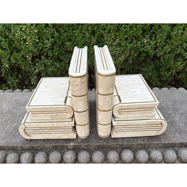 Cream Pair of Maitland Smith Tessellated Travertine and Brass Bookends For Sale - Image 8 of 9