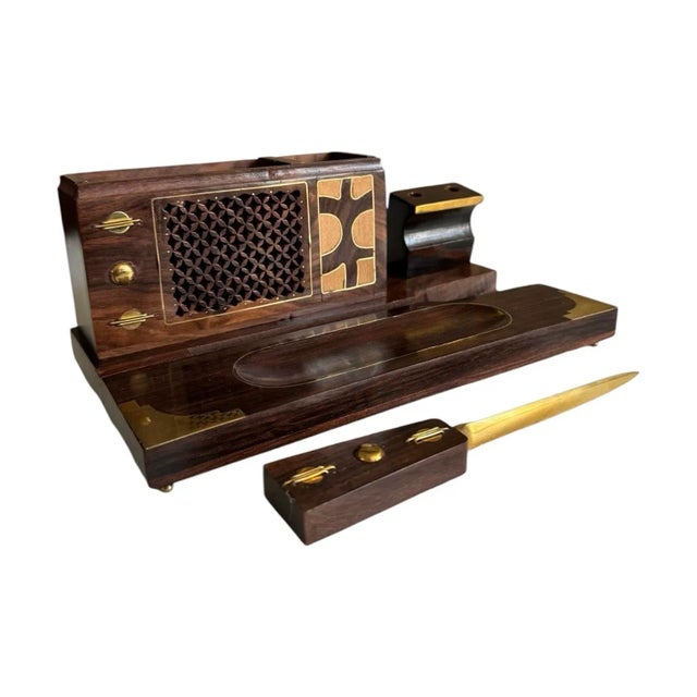 Vintage handmade desk set featuring hand carved wood, inlay details, decorative brass accents and a wood handled brass...