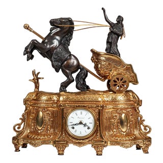 Italian Empire Style Mantel Clock With Chariot and Rearing Horse Sculpture For Sale