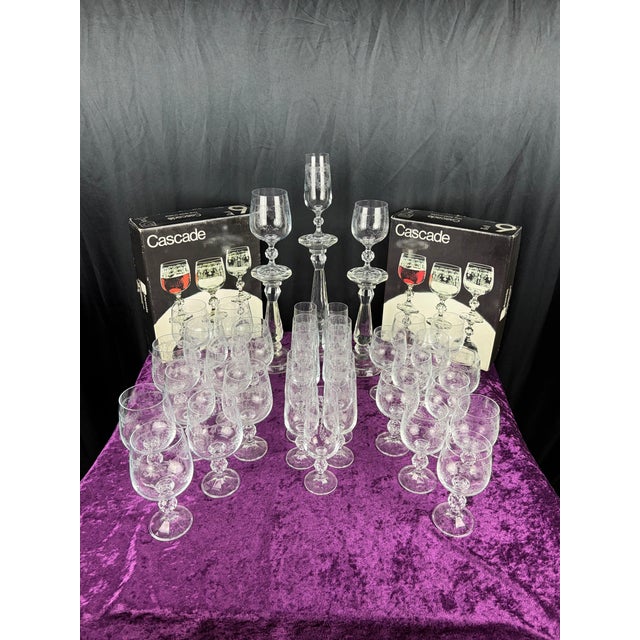 Cascade Etched Crystal Stemware • Complete 36‑Piece Service With Jewel‑Cut Sphere Stems For Sale - Image 10 of 11