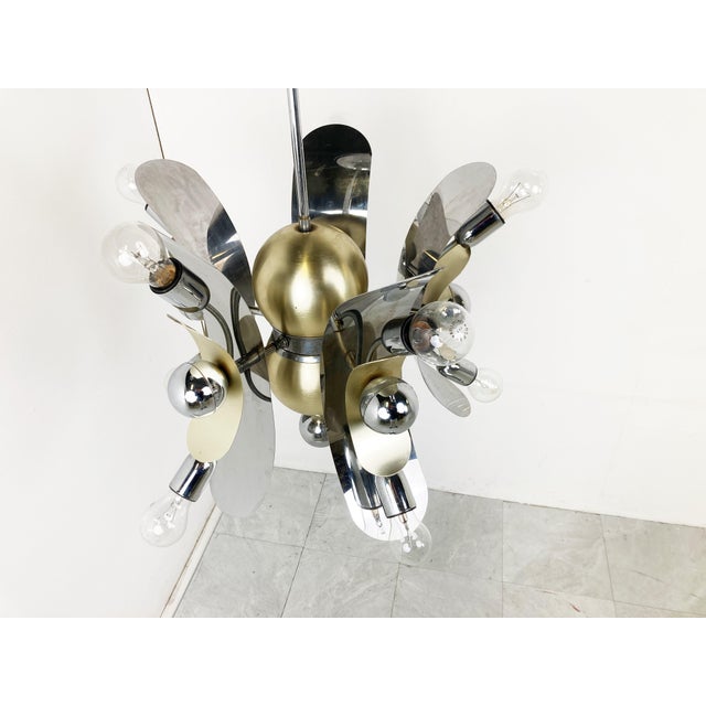 Vintage Italian Chrome & Brass Chandelier, 1970s For Sale - Image 11 of 13