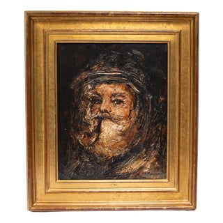 J.P. Rousseau, In the Storm Marine Portrait with Pipe, 1985, Oil Painting on Canvas, Framed For Sale