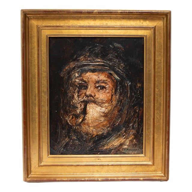 J.P. Rousseau, In the Storm Marine Portrait with Pipe, 1985, Oil Painting on Canvas, Framed For Sale