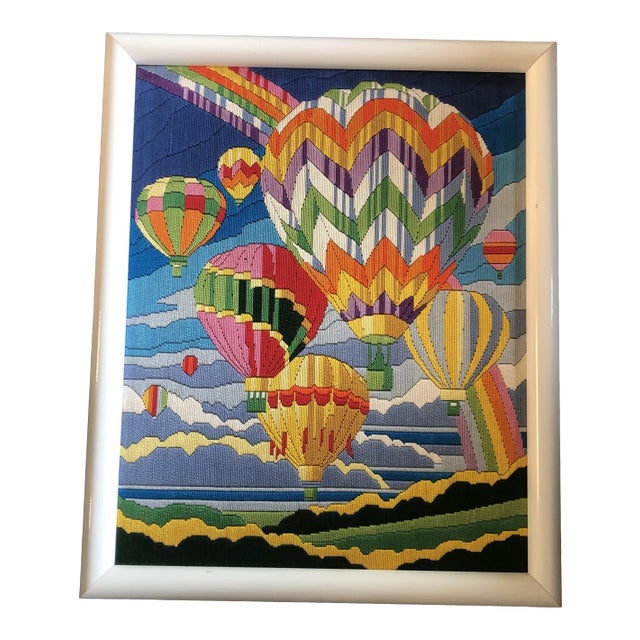 Original Vintage Hot Air Balloons Hand Done Needlework Picture 1970’s For Sale