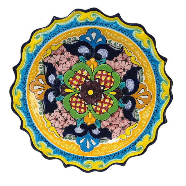 Ceramic Vintage Colorful Talavera Hand Painted Art Wall Hanging Plate For Sale - Image 7 of 7