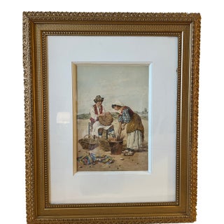 Antique European Pastoral Watercolor Signed by Italian Artist F. Ballesio | Basket Weavers Scene | Large Decorative Original Frame For Sale