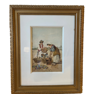 Antique European Pastoral Watercolor Signed by Italian Artist F. Ballesio | Basket Weavers Scene | Large Decorative Original Frame