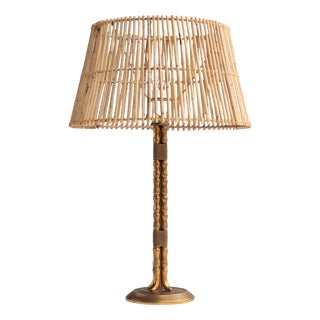 Vintage Scandinavian Table Lamp in Faux Bamboo with Rattan Shade, 1960s For Sale
