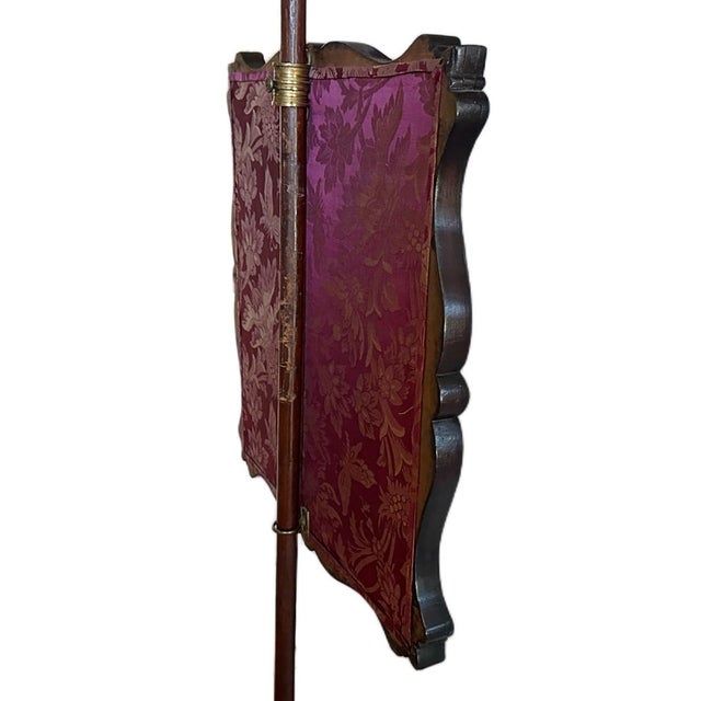 Antique Victorian c.1850s Carved Rosewood Embroidered Silk Fireplace Pole Screen For Sale - Image 9 of 11