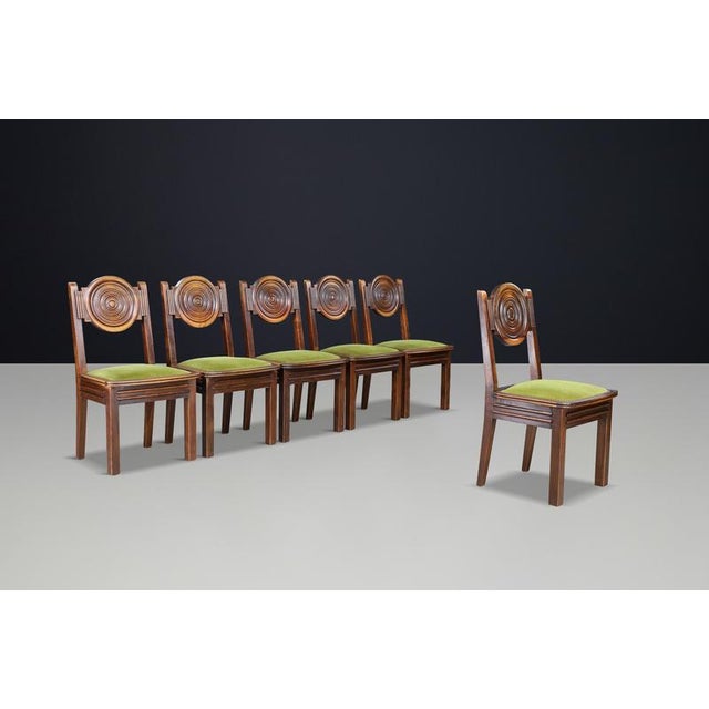 1930s Vintage French Carved Oak Dining Chairs with Original Velvet, 1930s, Set of 6 For Sale - Image 5 of 11