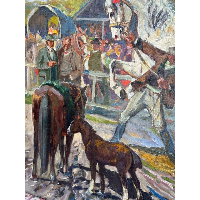 Rustic Vintage Painting on Canvas of Hungarian Horse Race- Signed For Sale - Image 3 of 14