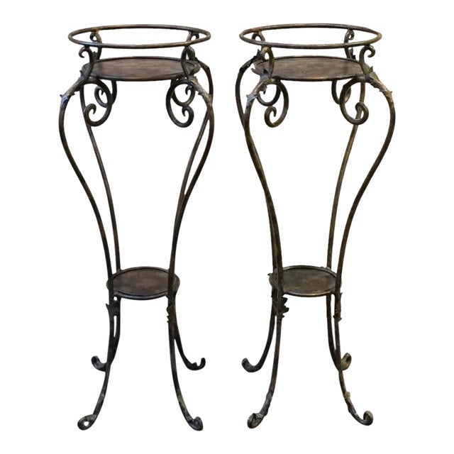 Pair of Neoclassical Style Patinated Metal Planter Stands For Sale