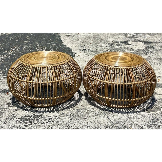 Wood Late 20th Century Vintage Coastal Bent Rattan Side Tables After Albini - a Pair For Sale - Image 7 of 12