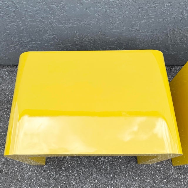 1980s Postmodern Yellow Gloss Laminate Waterfall Side Tables - A Pair For Sale - Image 5 of 10