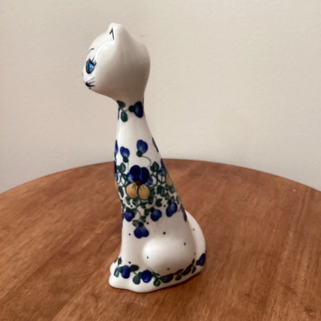 Blue Early 21st Century Long Neck Hand Painted Floral Ceramic Cat Figurine Artist Signet For Sale - Image 8 of 8
