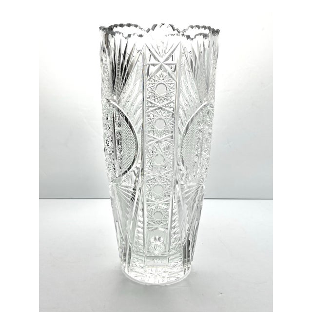 American Large Heavy Vintage Bohemian Cut Lead Crystal Presentation Centerpiece Vase For Sale - Image 3 of 8