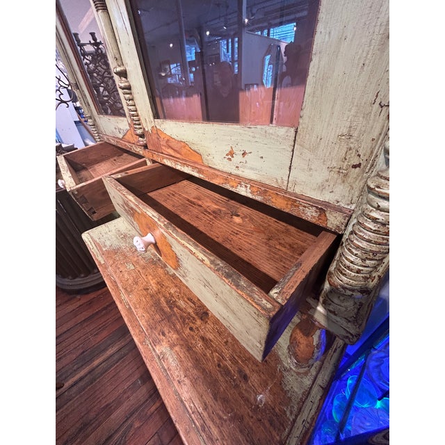 Antique Country Celadon Green Painted Distressed Stepback Cupboard Cabinet For Sale - Image 9 of 18