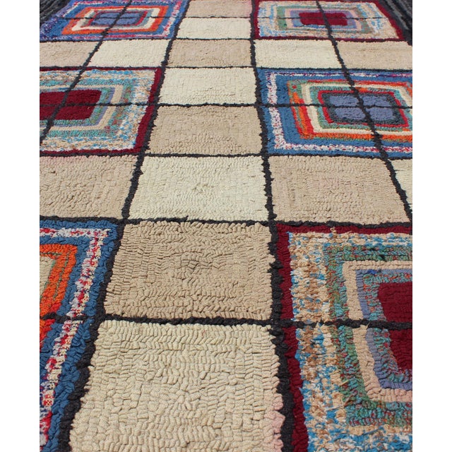 Checkerboard American Hooked Rug With Geometric Cross Designs For Sale In Atlanta - Image 6 of 6
