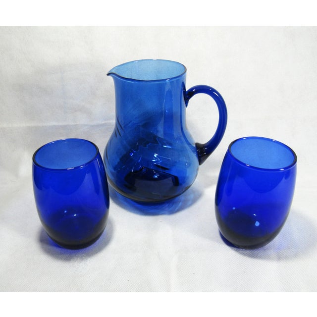 Ink Blue Mid 20th Century Mid Century Modern Cobalt Blue 1 Pitcher + 2 Wine Glasses For Sale - Image 8 of 13