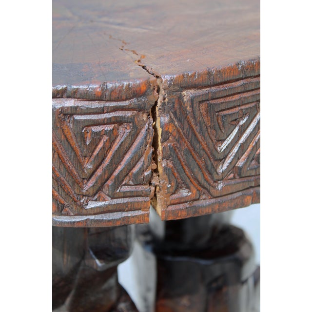 Vintage Hand-Carved African Man & Woman Figural Stool – 20.5” H X 15.75” W Sculptural Tribal Side Table With Geometric Carving For Sale - Image 16 of 17